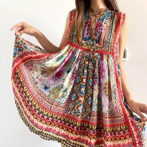 Bhanuni by Jyoti | Colorful red boho embellished silky sleeveless mini dress | M